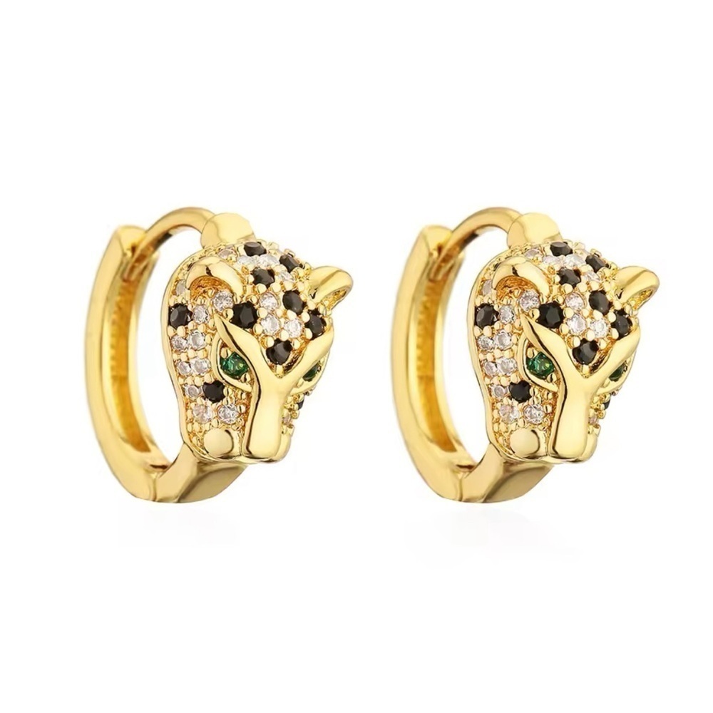 18K Gold Pavé Diamond Panther Designer Inspired Huggie Hoop Dangle Drop Earrings - Picture 5 of 8